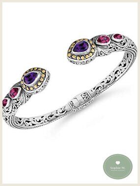 Sterling Silver 925 & 18K Gold Bali Filigree Cuff Bracelet with Gemstones
